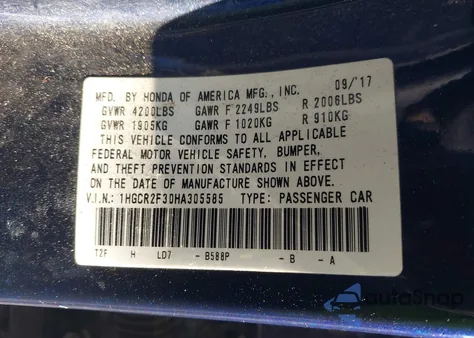 2017 Honda Accord Lx from USA, damaged, VIN 1HGCR2F30HA305585